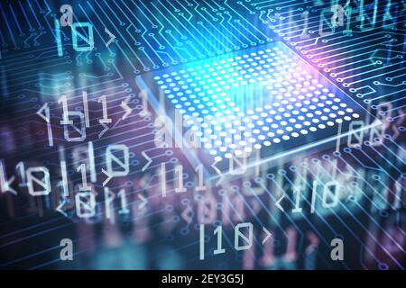 Concetto di calcolo quantistico. Circuito e qubit in background. Illustrazione con rendering 3D. Foto Stock