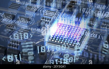 Concetto di calcolo quantistico. Circuito e qubit in background. Illustrazione con rendering 3D. Foto Stock