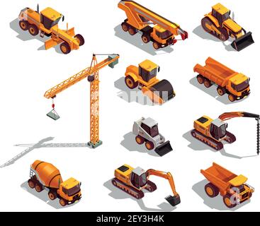 Macchine da costruzione di colore giallo nero per lavori stradali e set edili di icone isometriche illustrazione vettoriale isolata Illustrazione Vettoriale