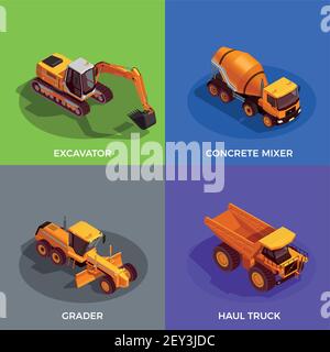 Veicoli da costruzione di colore giallo nero per lavori a terra e trasporto di materiali concetto di progettazione isometrica illustrazione vettoriale isolata Illustrazione Vettoriale