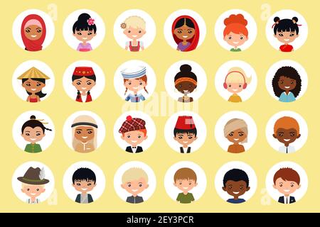 Icone utente di uomini e donne di diverse nazionalità su sfondo chiaro. Stile piatto cartoon. Illustrazione vettoriale. Illustrazione Vettoriale