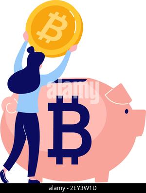 La ragazza riempie la sua banca piggy con monete di bitcoin. Schema di accumulo della criptovaluta. Immagine vettoriale della valuta digitale in uno stile piatto. Investimenti alternativi. Illustrazione Vettoriale
