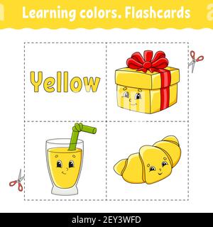 Colori di apprendimento. Flashcard per bambini. Simpatici personaggi cartoni animati. Set di immagini per preschooler. Foglio di lavoro Education. Illustrazione vettoriale. Illustrazione Vettoriale