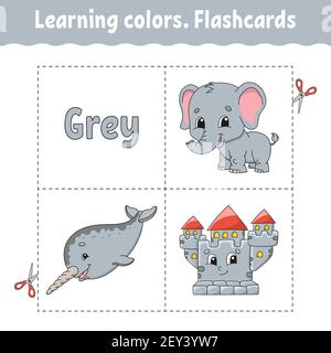 Colori di apprendimento. Flashcard per bambini. Simpatici personaggi cartoni animati. Set di immagini per preschooler. Foglio di lavoro Education. Illustrazione vettoriale. Illustrazione Vettoriale
