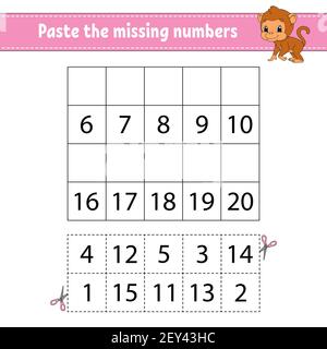 Incollare i numeri mancanti 1-20. Gioco per bambini. Pratica di scrittura a mano. Numeri di apprendimento per i bambini. Foglio di lavoro per lo sviluppo dell'istruzione. Pagina attività. ISO Illustrazione Vettoriale