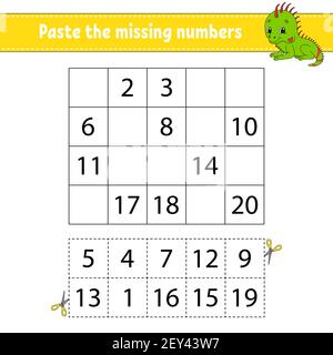 Incollare i numeri mancanti 1-20. Gioco per bambini. Pratica di scrittura a mano. Numeri di apprendimento per i bambini. Foglio di lavoro per lo sviluppo dell'istruzione. Pagina attività. ISO Illustrazione Vettoriale