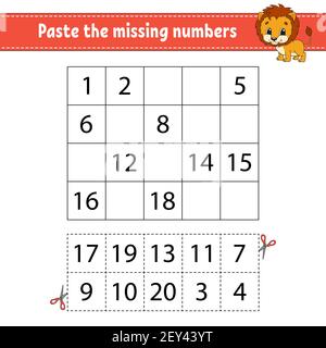 Incollare i numeri mancanti 1-20. Gioco per bambini. Pratica di scrittura a mano. Numeri di apprendimento per i bambini. Foglio di lavoro per lo sviluppo dell'istruzione. Pagina attività. ISO Illustrazione Vettoriale