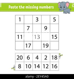 Incollare i numeri mancanti 1-20. Gioco per bambini. Pratica di scrittura a mano. Numeri di apprendimento per i bambini. Foglio di lavoro per lo sviluppo dell'istruzione. Pagina attività. ISO Illustrazione Vettoriale