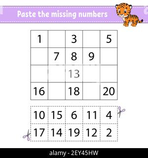 Incollare i numeri mancanti 1-20. Gioco per bambini. Pratica di scrittura a mano. Numeri di apprendimento per i bambini. Foglio di lavoro per lo sviluppo dell'istruzione. Pagina attività. ISO Illustrazione Vettoriale