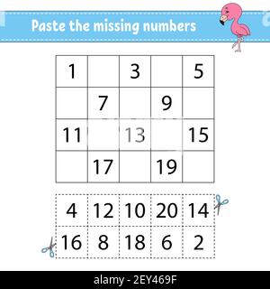 Incollare i numeri mancanti 1-20. Gioco per bambini. Pratica di scrittura a mano. Numeri di apprendimento per i bambini. Foglio di lavoro per lo sviluppo dell'istruzione. Pagina attività. ISO Illustrazione Vettoriale