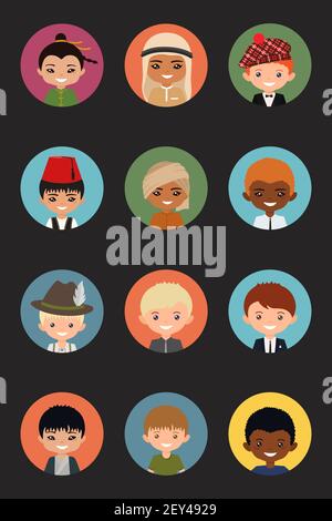 Icone insieme di utenti di uomini di diverse nazionalità su sfondo multicolore. Stile piatto cartoon. Illustrazione vettoriale. Illustrazione Vettoriale