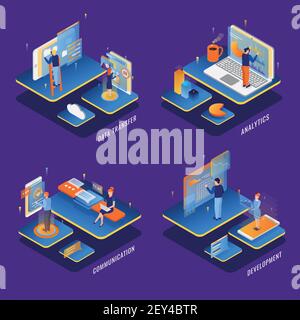 Persone che usano interfacce di comunicazione informatica Concept 4 composizioni isometriche con illustrazione vettoriale dello sviluppo dell'analisi del trasferimento dei big data Illustrazione Vettoriale