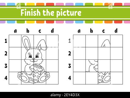 Tema di Pasqua. Terminare l'immagine. Colorare le pagine del libro per i bambini. Foglio di lavoro per lo sviluppo dell'istruzione. Gioco per bambini. Pratica di scrittura a mano. Cartoon chara Illustrazione Vettoriale