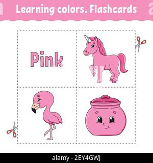 Colori di apprendimento. Flashcard per bambini. Simpatici personaggi cartoni animati. Set di immagini per preschooler. Foglio di lavoro Education. Illustrazione vettoriale. Illustrazione Vettoriale