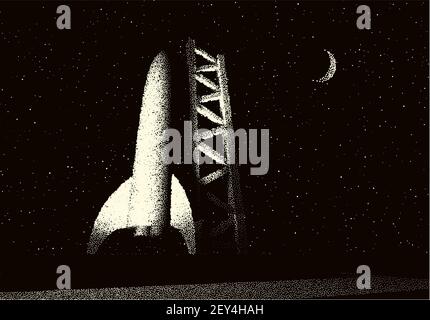 Razzo spaziale pronto per iniziare sul sito di lancio. Illustrazione del conto alla rovescia per il decollo delle navicelle con stile retrò Illustrazione Vettoriale