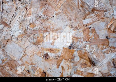 Struttura di lastra di fibra di legno di segatura supertiepida. Vista dall'alto dello sfondo di impiallacciatura di legno OSB, superfici strette e senza cuciture. Foto Stock