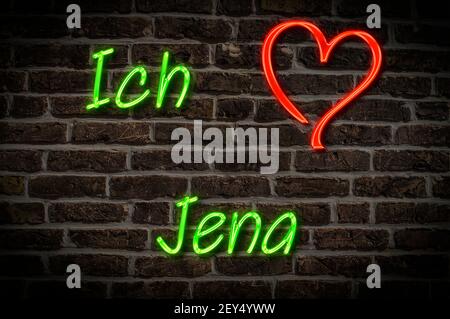 Leuchtreklame, Ich liebe Jena, Thüringen, Deutschland, Europa | Pubblicità illuminata, amo Jena, Turingia, Germania, Europa Foto Stock