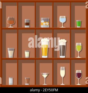 Collezione di bevande alcoliche in bicchieri sui ripiani. Illustrazione Vettoriale