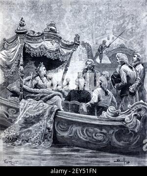 Caterina II, o Caterina la Grande (1729-1796), imperatrice di tutta la Russia, nella Royal Barge sul fiume Volga Mosca Russia 1896 Vintage Illustration o Old Engraving Foto Stock