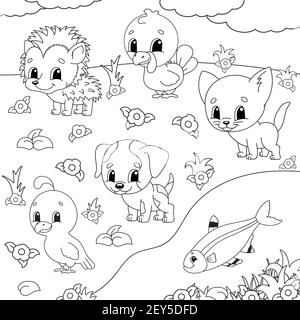 Libro da colorare per bambini. Clipart animali. Personaggi allegri. Illustrazione vettoriale. Carino stile cartoon. Profilo a contorno nero. Isolato sulla parte posteriore bianca Illustrazione Vettoriale