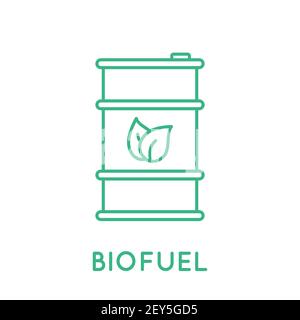 Icona della linea della camera del biocarburante. Concetto di energia da biomassa. Barile del combustibile verde con foglie. Tamburo con carburante ecocompatibile. Alternative Sustainable resources.Vector Illustrazione Vettoriale
