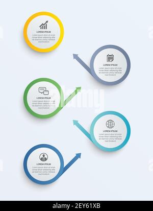 infografica a 5 fasi di cerchio con modello di timeline astratto. Presentazione passo business sfondo moderno. Illustrazione Vettoriale