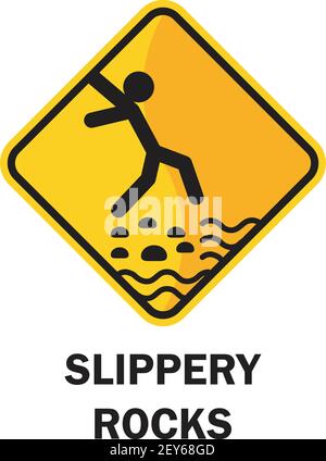 cartelli di sicurezza per la spiaggia con rocce scivolose testo di avvertenza. illustrazione vettoriale Illustrazione Vettoriale