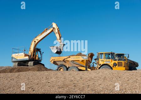 Digger e camion di scarico che caricano la ghiaia dalla spiaggia, la gestione della spiaggia lavora sull'isola di Hayling. Foto Stock