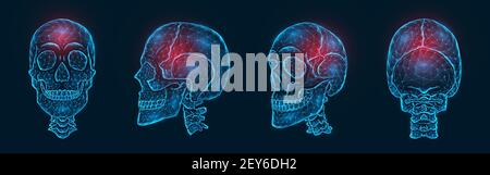 Dolore, lesione o infiammazione delle ossa del cranio illustrazione vettoriale poligonale. Modello poly basso di un cranio umano Illustrazione Vettoriale