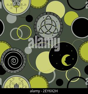 Modello vettoriale senza giunture con simbolo spirituale su sfondo verde scuro. Design per tappezzeria Celtic KNOT Talisman. Triquetra strega moda tessile. Illustrazione Vettoriale