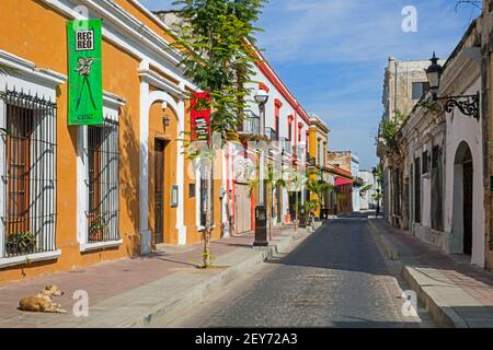 Negozi in una strada colorata con edifici coloniali e case nella città di Mazatlán, Sinaloa, Messico Foto Stock