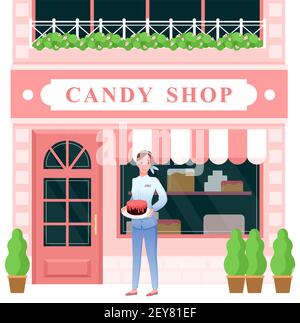 Negozio di dolciumi, venditore di donne che tiene una torta al cioccolato, in piedi all'ingresso della pasticceria Illustrazione Vettoriale
