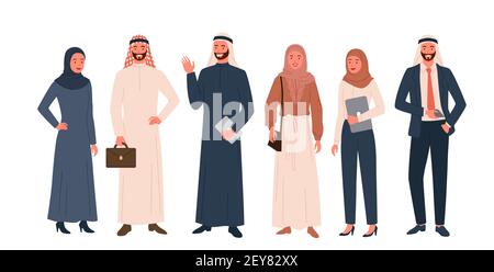 Set popolo arabo, felice donna saudita, uomo in abiti musulmani moderni e tradizionali in piedi Illustrazione Vettoriale