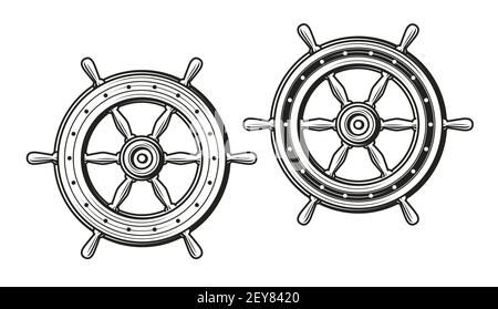 Ruota da nave con incisione vintage. Illustrazione del vettore del simbolo del timone Illustrazione Vettoriale