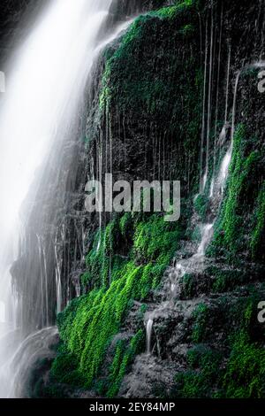 Una piccola cascata in un luogo nascosto nel verde nero Foto Stock