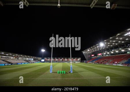 Eccles, Regno Unito. 07 febbraio 2020. MANCHESTER, REGNO UNITO. 5 MARZO UNA vista generale dello stadio prima della partita Gallagher Premiership tra sale Sharks e Newcastle Falcons all'AJ Bell Stadium, Eccles, venerdì 5 marzo 2021. (Credit: Chris Lishman | MI News ) Credit: MI News & Sport /Alamy Live News Foto Stock