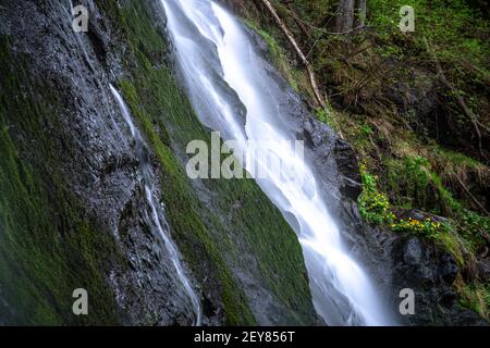 Una piccola cascata in un luogo nascosto nel verde nero Foto Stock