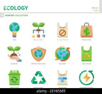 insieme di icone ecologiche e ambientali, stile piatto, vettore e illustrazione Illustrazione Vettoriale