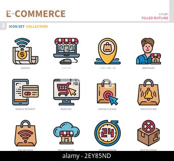 e-commerce e online shopping insieme di icone, pieno profilo stile, vettore e illustrazione Illustrazione Vettoriale