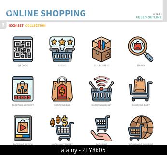 insieme di icone per lo shopping online e l'e-commerce, stile di contorno pieno, vettore e illustrazione Illustrazione Vettoriale