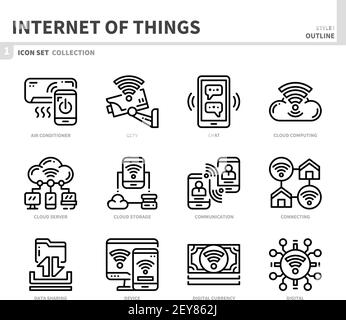 set di icone internet of things, stile contorno, vettore e illustrazione Illustrazione Vettoriale