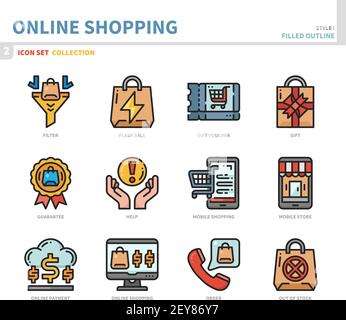 insieme di icone per lo shopping online e l'e-commerce, stile di contorno pieno, vettore e illustrazione Illustrazione Vettoriale