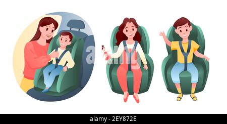 I bambini si siedono sul sedile dell'auto, il ragazzo felice e la ragazza che si siedono sulla sedia per viaggiare su strada Illustrazione Vettoriale