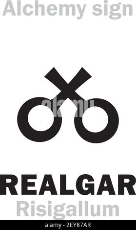 Alchimia Alfabeto: REALGAR (Risigallum), Arsenico Rosso, Orpimento Rosso, Ruby di Arsenico, anche: Sandarak. Disolfuro di arsenico, sulfuretto rosso dell'Arsenico. Illustrazione Vettoriale