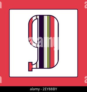 Il numero nove colorato a righe isolato su sfondo bianco. Elementi per carte o alfabeti per bambini in stile vintage o retrò. Illustrazione Vettoriale