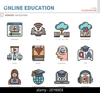 insieme di icone per la formazione e l'apprendimento online, stile di contorno pieno, vettore e illustrazione Illustrazione Vettoriale