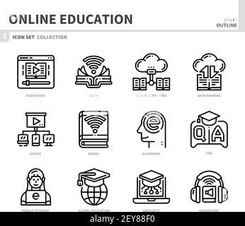 insieme di icone di formazione e apprendimento online, stile di contorno, vettore e illustrazione Illustrazione Vettoriale