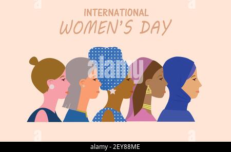 Illustrazione della giornata internazionale delle donne. 5 Donne di diversa etnia. Illustrazione Vettoriale