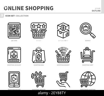 insieme di icone per lo shopping online e l'e-commerce, stile di contorno, vettore e illustrazione Illustrazione Vettoriale