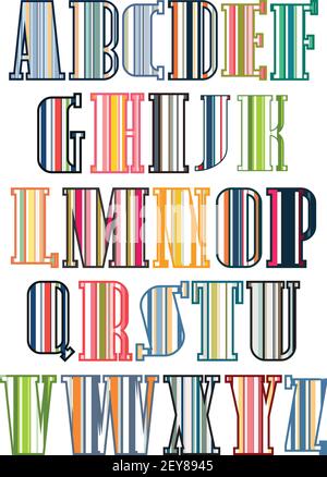 Alfabeto colorato a righe isolato su sfondo bianco. Elementi per le carte dei bambini. Lettere in stile vintage o retrò. Illustrazione Vettoriale